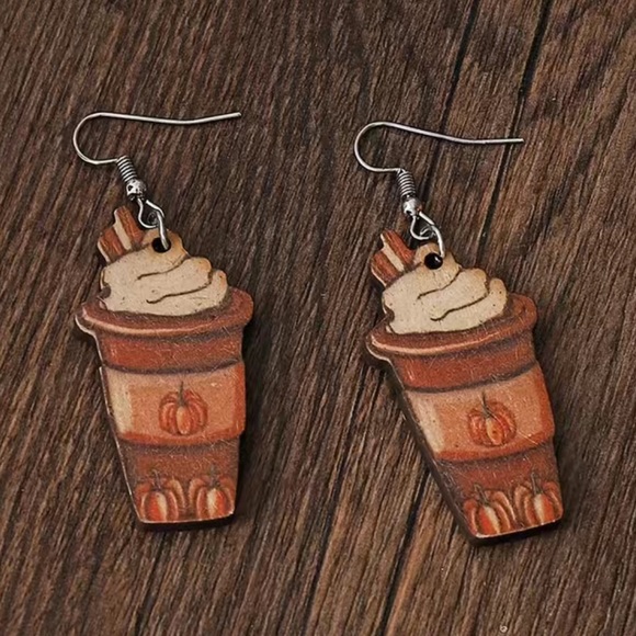 NEW In Package Pumpkin Spice Latte Wood Fall  Earrings - Picture 1 of 5